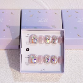 Light Rain Nails Press on - Sugar, 3D Handmade with Cute Pink Rhinestones Reusable Gel UV Finished False nails, Hand-Painted Fake Nails with Design by Professional Manicurist, Short Square, Large Size