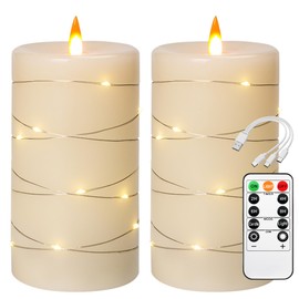 Rechargeable Flameless Candles, LED Candles, Candles with Remote and Timers, Real Wax Pillar Candles, with Flickering Embedded Star String，Ivory White, Set of 2