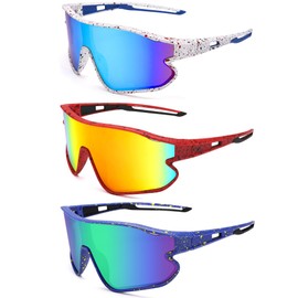 GLARDEFE Kids Baseball Sunglasses - Youth Baseball Sunglasses for Boys Girls - Sports Softball Shades Age 6-14(White/Blue Mirror + Red/Orange Mirror + Blue/Green Mirrored)
