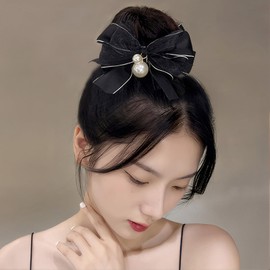 Rannyrena Cute Pearl Satin Lace Bow Hair Claw Clips for Women Thin Thick Hair Large Nonslip Ponytail Holder Hair Claw Clips Catch Clamps Hair Accessory (Black)