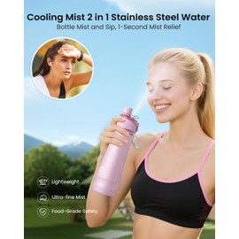 Sport Water Bottle Steel 24OZ - 2 in 1 Mist & Sip Function, Large BPA-Free Reusable, 100% Leakproof With Carry Handle, Lightweight Simple Modern for Girl Women,Gym,School,Camp,Travel,Bicycle Pink