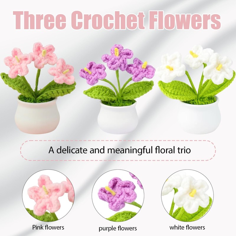 3pcs 4.3inch Crochet Flower Pot, Crocheted Flowers,Knitted Flower Bouquet,Crochet Desk