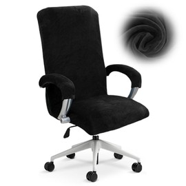 CEWROM Samtplüsch Bürostuhl Bezug mit Armlehne, Stretch Stuhlhussen Gaming Stuhl Bezug Abnehmbare Sessel Überzug Elastische Computer Stuhlbezüge für Bürostuhl Drehstuhl, Schwarz (L)