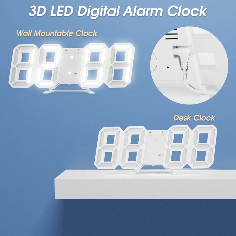 DSLIHA 3D Digital Alarm Clock for Bedrooms, LED Desk USB