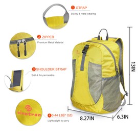 sinotron - Mochila ligera de senderismo de 22 litros, mochila de senderismo pequeña para mujeres, hombres, viajes, camping, día festivo (amarillo)