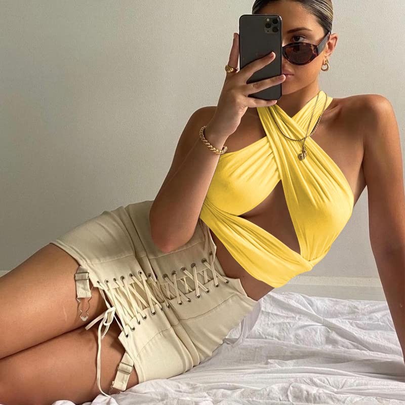 ZAFUL Womens Ribbed Halter Crop Top Ruched Lace-up Cropped Cami