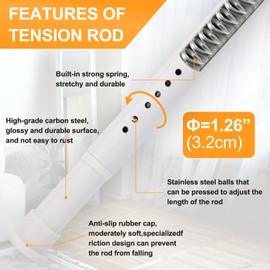 Heavy-duty Tension Curtain Rod, 63-82 Inch,Spring Closet Rod, for Windows or Shower, Easy to Install, No Drilling, No Rust, for Bathroom, Rod Diameter 1.26 Inches