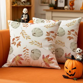 Luzzxfa Pumpkins Autumn Cushion Cover, 45 x 45 cm, Set of 2, Maple Leaf Cushion Covers, Orange Sofa Cushion, Velvet Cushion Cover, Decorative Cushions for Garden, Parties, Living Room, Bed, Study