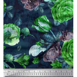 Soimoi Green Poly Crepe Fabric Leaves & Floral Print Fabric by The Yard 42 Inch Wide