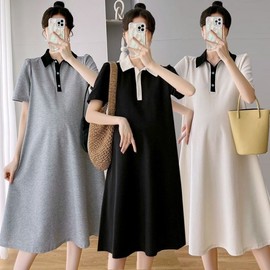 HL] One-Piece Midi Summer Maternity Collar Dress Collar Dress Black/ONESIZE