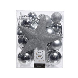 33 pieces - Christmas Tree Decoration Kit: Baubles, Decorations, Star Tree Topper, Hanging Thread - GOLD or SILVER (SILVER)