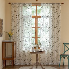 AmHoo 2 Panels Leaf Flora Embroidered Farmhouse Semi Sheer Curtain Voile Curtains for Living Room Bedroom Window Treatment White Sage Green 53 x 63 Inch