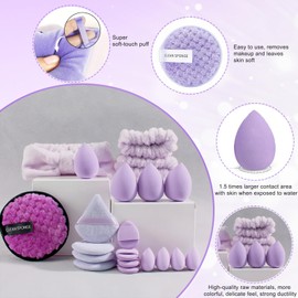 Make-up-Schwämme-Set, Foundation-Schwamm, Puderquaste-Set, Gesicht-Make-up-Schwämme, nass und trocken, doppelte Verwendung mit Stirnband-Armbändern für Flüssigkeit, Creme und Puder, Violett, 20-teilig