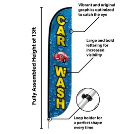 LookOurWay Feather Flag Pole Kit - 12 Feet Tall Advertising Flag Banner with Fiberglass Pole Kit and Ground Spike for Business Promotion - Car Wash Flags - Car Wash Water Drops (10M1200109)