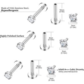 Sanfenly 20Pcs 16G Hypoallergenic Stainless Steel Lip Studs Labret Piercing with 3mm CZ Cartilage Tragus Helix Monroe Piercing Stud Jewelry 6mm 8mm 10mm