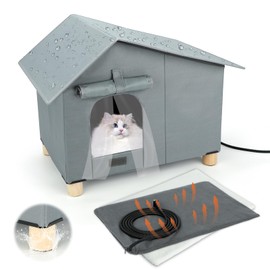 Elevated Heated Outdoor Cat House,Extra-Wide Waterproof Heat Feral Cat Shelters for Indoor Outdoor Kitty, Warm and Insulated Outside Heater Cats House with Thermostatic Heating Pad for Cold Winter
