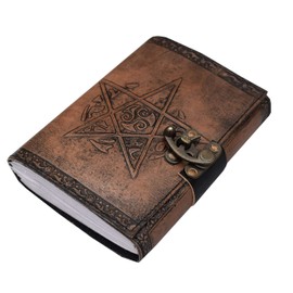 Pentagram with Moon Celtic Book of Shadows Journal Blank Leather Notebook Antique Color Handmade Unlined Paper Spell Wiccan Pentacle Diary Notebook Leather Journal for Women 7x5 Journal