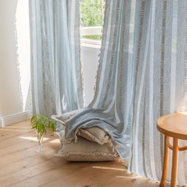 Boho Curtains for Bedroom Embroidery Striped Farmhouse Curtains 84 Inches Long 2 Panels Set Blue Linen Curtains Tassel Bohemian Semi-Blackout Window Curtains for Living Room ( 52" W x 84" L,Blue)