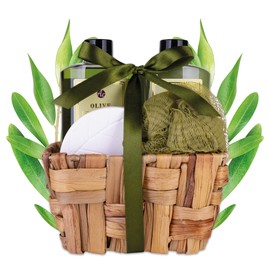 Accentra - Set da bagno da donna "Olive" in cestini in erba marina, set doccia con gel doccia, bagno in schiuma, bomba da bagno e spugna a rete, set da 4 pezzi per donne e ragazze