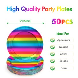 PARTY GO 50 Pieces 9 Inch 23 cm Rainbow Metallic Colour Party Paper Plates for Boys Girls Children Birthday Party for 50 Guests