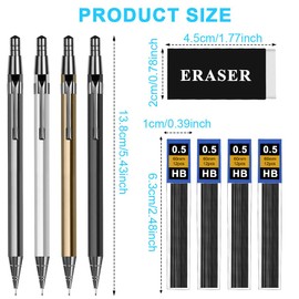 OFFCUP Metal Mechanical Pencils Set, 4Pcs Propelling Drafting Pencil, 0.5mm Automatic Pencil Artist Drafting Clutch Pencil With 4 Tube Lead Refills 2 Erasers Case for School Writing, Drawing