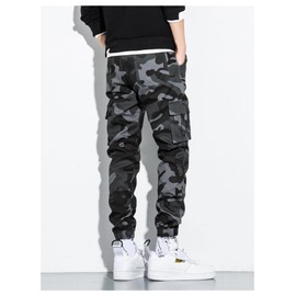 OYOANGLE Men's Camo Print Flap Pocket Cargo Pants Streetwear Outdoor Jogger Pants Black Grey Medium