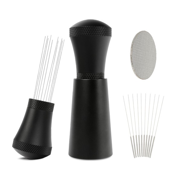 WDT Tool with Stand with Puck Screen, Stainless Coffee Distributor Needle with Filter Screen Resuable Espresso Coffee Stirring Tamper