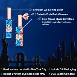 Gem Stone King 18K Rose Gold Plated Silver Simulated Blue Opal and White Moissanite Drop Dangle Earrings For Women | 1.50 Cttw | Gemstone October Birthstone | Round Cabochon 5MM