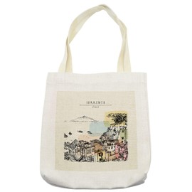 Lunarable Amalfi Coast Tote Bag, Sorrento Italy Lettering Sketchy Design Image with Houses and Boats, Cloth Linen Reusable Bag for Shopping Books Beach and More, 16.5" X 14", Cream