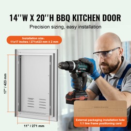 Happybuy BBQ Access Door, 14" W x 20" H Single Outdoor Kitchen Door, Stainless Steel Flush Mount, Wall-Mounted with Handle & Vents for BBQ Island, Grilling Station, Outdoor Cabinet