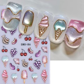 5D Embossed Nail Art Stickers Decals Flower Butterfly Nail Decals 3Pcs Summer Fruit Ice Cream Nail Art Supplies Colorful Round Star Balloons Nails Design Stickers Cute Spring Summer Nail Accessories