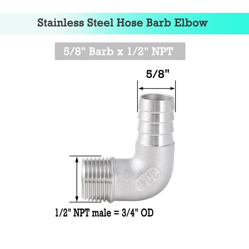 Walkinginrain 304 Stainless Steel Hose Barb 90 Degree Elbow 5/8"