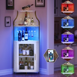 Garvee Corner Bar Cabinet for Liquor Cabinet with Adjustable Shelves, 61" Industrial Tall Bar Cabinet Freestanding Corner Wine Cabinet Rack with Mesh Door and Glass Holder for Kitchen, White