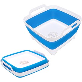Collapsible Dish Pans for Washing Dishes 9L Portable Wash Dish Basin Foldable Laundry Tub with Drain Plug for Kitchen Sink Camping RV Accessories (blue)