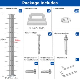Gyykzz 42" Brushed Corner Post for Deck Cable Railing Kit System, Stainless Steel T304 Fixed Top One-Post Corner Solution, Surface Mount Brushed Heavy-Duty Handrail Deck Corner Post with Cable Sleeves
