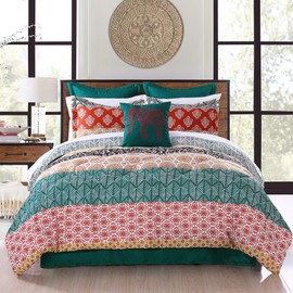 Lush Decor Lush Décor Bohemian Stripe Comforter-Colorful Pattern Boho Style Reversible 7 Piece Bedding Set-Full Queen-Turquoise and Orange, Turquoise & Orange