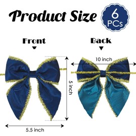 LiBongTa 5" Navy Blue Bows Velvet Ribbon Bows with Gold Tinsel Edge, Christmas Bows, Blue Bows for Gift Wrapping, Pre-Tied Bows for Christmas Tree, Wreath, Present, Party Decor, Crafts-6 Counts