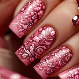 Red Square Press on Nails Medium Length Fake Nails with Floral Designs Full Cover Acrylic Glue on Nails Spring Summer False Nails Red Flower Gloss Stick on Nails for Women Girls 24Pcs