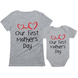 Tstars Our First Mothers Day Mommy and Me Matching Outfits Mom and Baby Shirts Set Mom Gray Medium/Baby Gray 6M (3-6M)