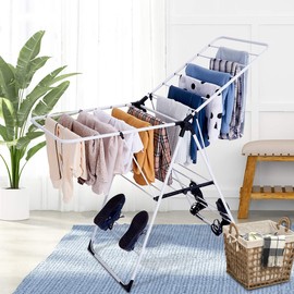 S AFSTAR Folding Clothes Drying Rack, Collapsible Laundry Drying Rack w/Adjustable Gullwing & Shoe Holder, Space-Saving Clothes Drying Hanger for Indoor & Outdoor Use, No Assembly Required