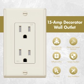 Micmi 15A Decorator Receptacle Outlet, Tamper Resistant, Decorative Receptacle Outlet, 15Amp 125Volt, Grounding with Wall Plate UL Listed (50Pack, Ivory, 15 Amp Outlet)