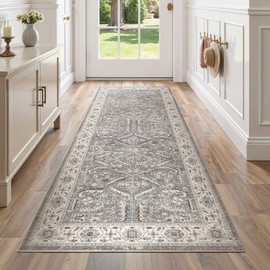 3x8 Washable Hallway Runner Rug :Vintage Large Soft Entryway for Kitchen Laundry Room Runner with Non Slip Backing Farmhouse for Bedroom Bathroom Living Room Stain Resistant Carpet-Black Grey