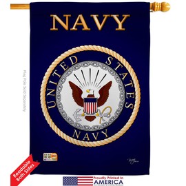 HS108058-BO-02 US Navy Americana Military Veteran Armed Forces USN Decorative Gift Vertical 28" x 40" Double Sided House Flag Set Aluminum Pole & Bracket Hardware Made in USA