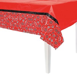Fun Express Cowboy Party Plastic Tablecloth, Red Dandana Design - Western Party Supplies - 1 Piece