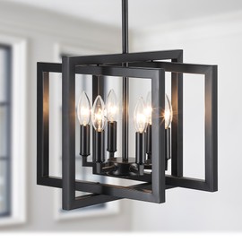 6-Light Black Chandelier Modern,Geometric Dining Room Light Fixture Hanging Adjustable Hight,Industrial Kitchen Island Light Fixtures,Metal Chandeliers for Living Room Entryway Foyer