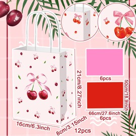 12 PCS Cherry Party Favor Gift Bags with Handles Shes Cherry On the Top Party Treat Candy Bag Boxes Coquette Bows Themed for Bridal Baby Shower Birthday