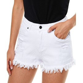 HVEPUO Summer Shorts Mom Jeans Buttons Shorts Holes Hot Pants Women's Skinny, C-white