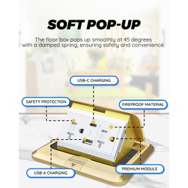 Floor Pop Up Outlet, Pop Up Waterproof Floor Electrical Box with 4.8A USB Chargers and 2 Outlet Receptacle Stainless Steel (Type-C Golden 1pack)