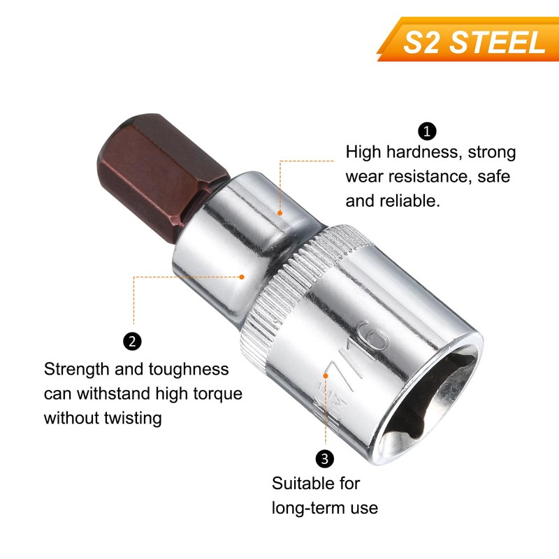 uxcell 7/16" Hex Bit Socket 1/2" Drive SAE S2 Steel