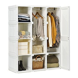 Tangkula Portable Wardrobe Closet, Foldable Clothes Organizer w/Cubby Storage, Hanging Rods, Magnet Doors, Safe Material, Easy Assemble Clothing Storage, Folding Bedroom Armoire (8 Cubbies & 2 rods)